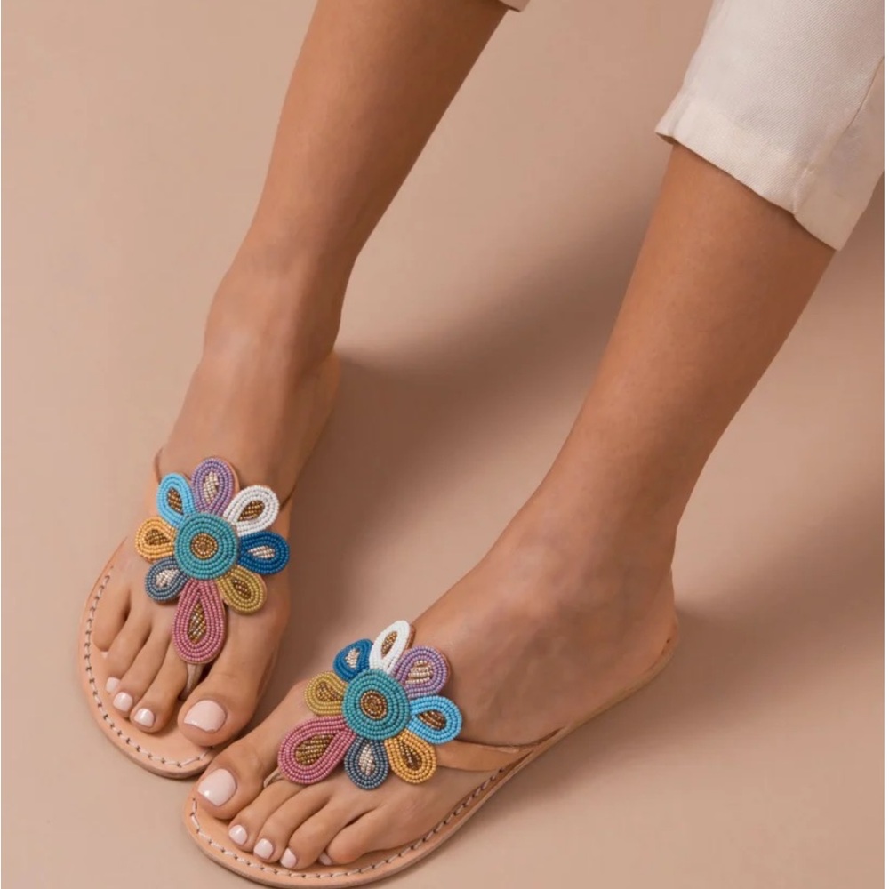 Free People New laidback London handmade embellished  flat Sandal Pool party 8